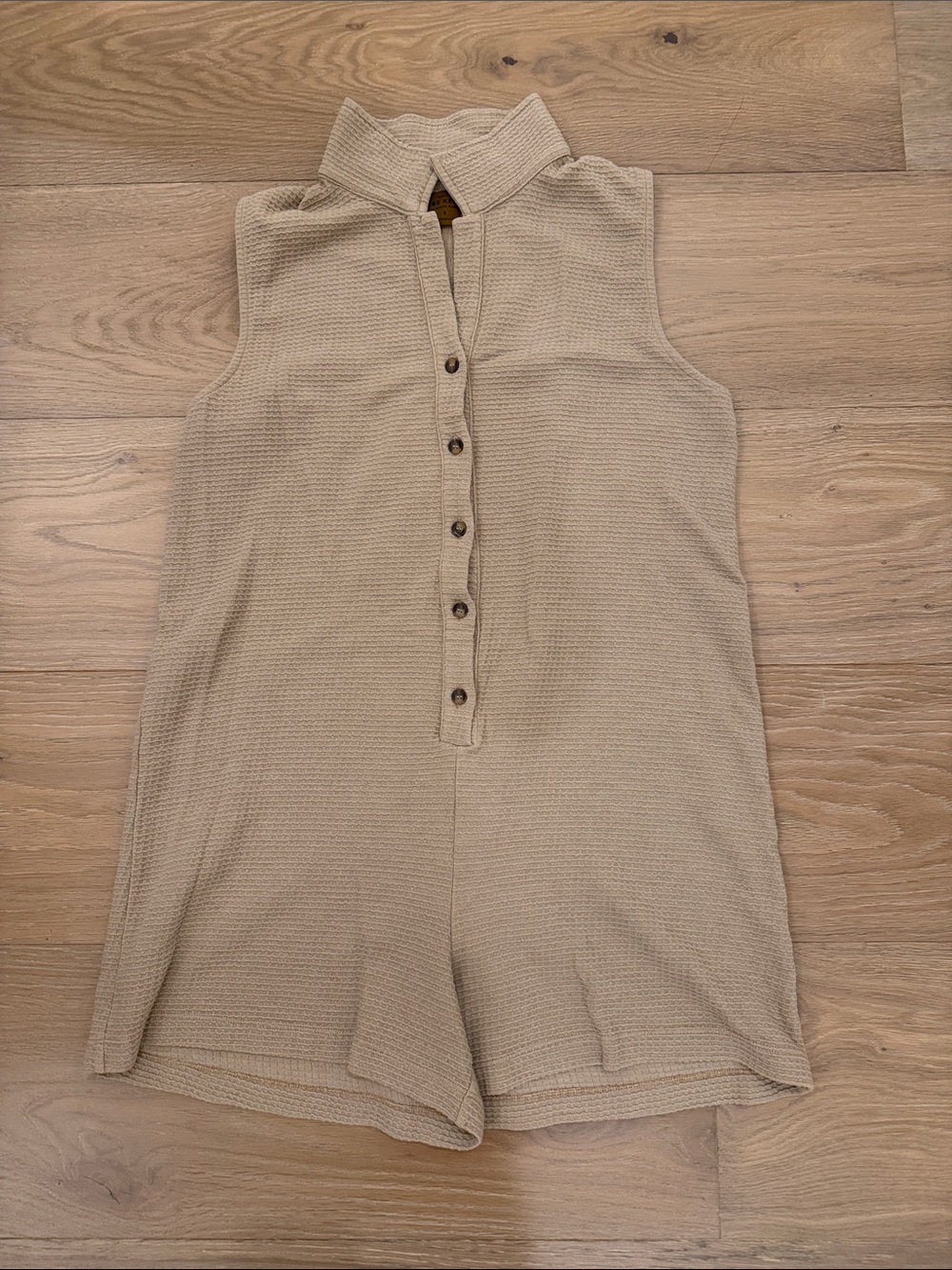 Sleeveless Waffle-Knit Romper in Beige